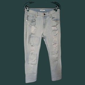 7 For All Mankind Distressed‎ Patch Boyfriend Jeans 26  Rigid Light Washed Denim